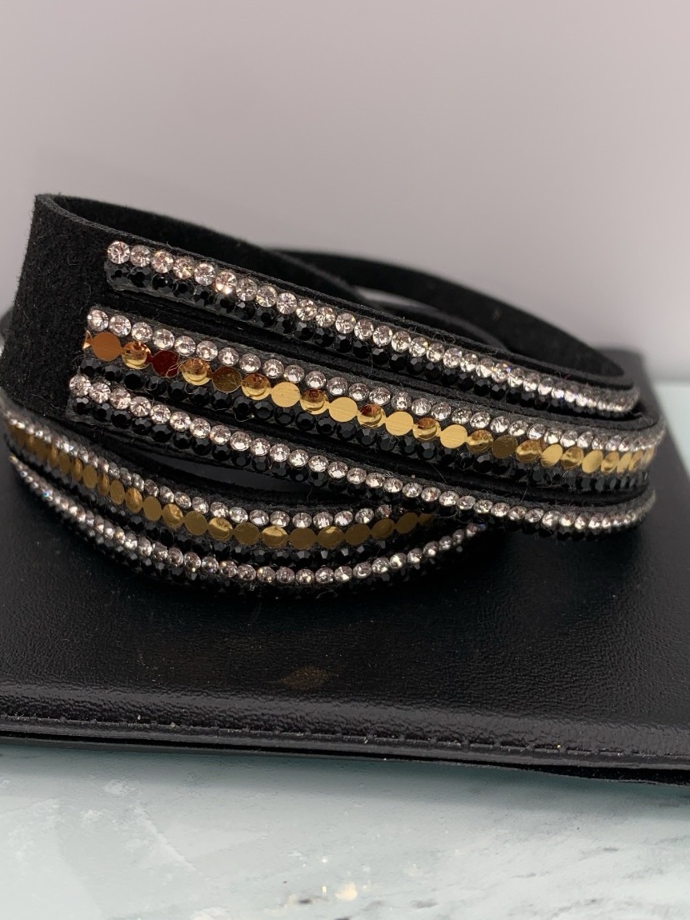 Black Wrap Bracelet with Gold Sequins and Clear Rhinestones